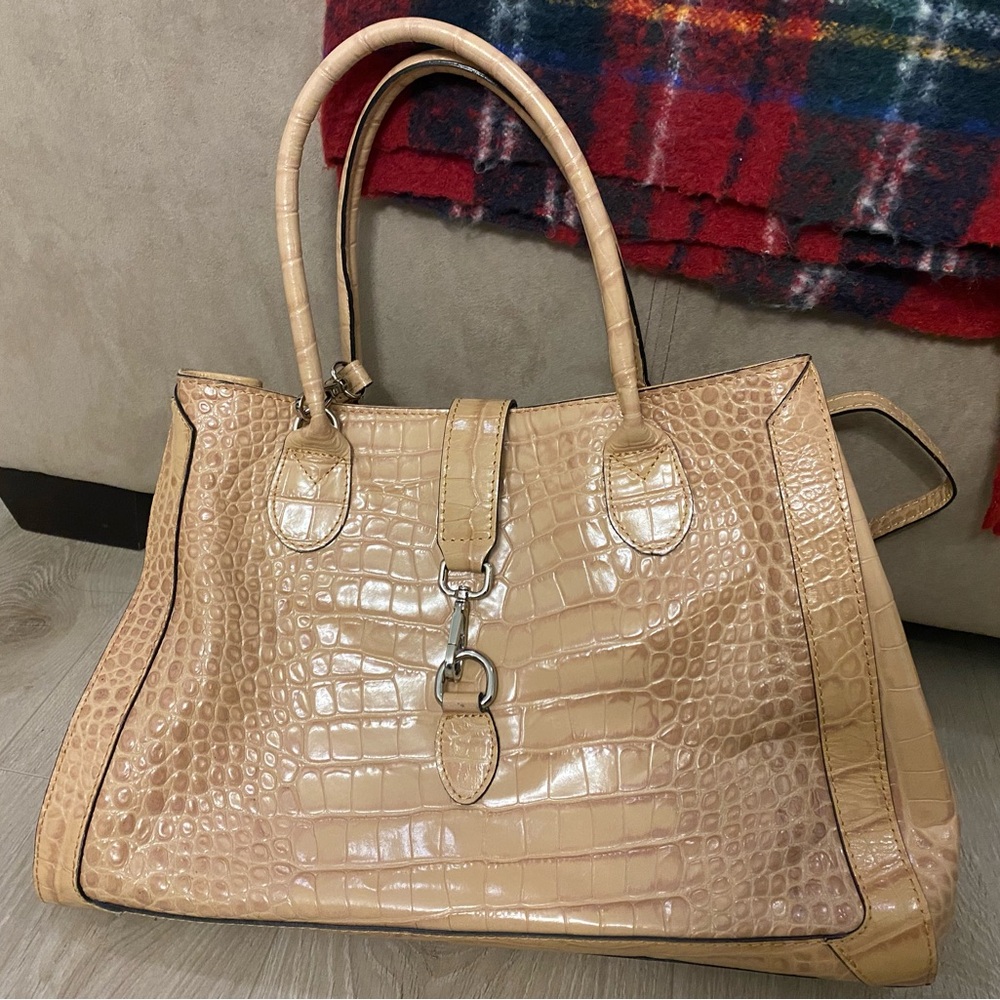 Pulicati Beige Crocodile-Embossed Satchel